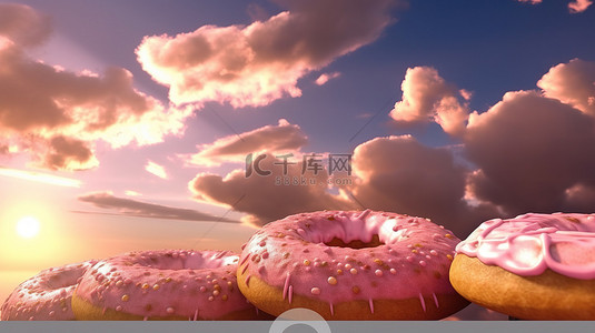 粉红色天空中的卡通甜甜圈 3D 呈现的喜悦