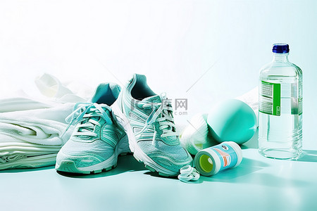 水瓶瀑布背景图片_水瓶服装运动鞋和白色卷尺