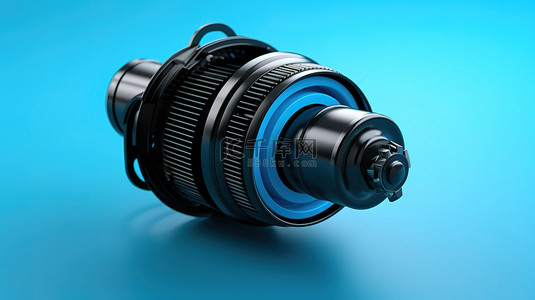 蓝色背景基本汽车维修零件上黑色燃油滤清器的 3D 插图
