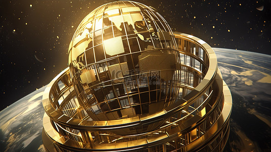 股票金币背景图片_一个由金色线框制成的插图地球仪，装饰着成堆的 3D 金币