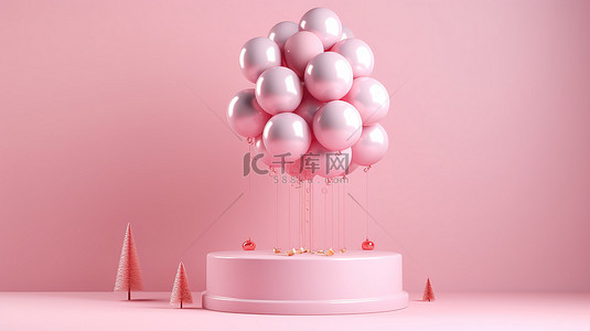 粉红色背景的 3D 渲染，圣诞树显示在讲台上，装饰有圣诞气球和装饰品