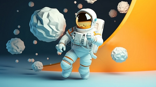 Web 开发横幅 3D 渲染宇航员用火箭翱翔并播放视频按钮