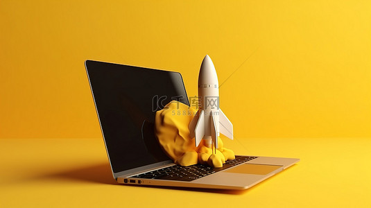 火箭插画背景图片_黄色背景 3d 火箭插图和笔记本电脑屏幕渲染