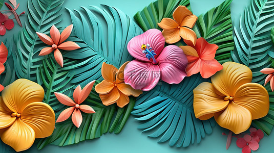 3d 橡皮泥艺术无缝热带边框的叶子和花朵