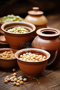 木桌上的小陶瓷罐，里面有豆子和豌豆