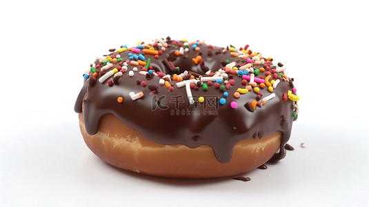 一个美味的巧克力甜甜圈，在 3D 渲染中洒上白色背景