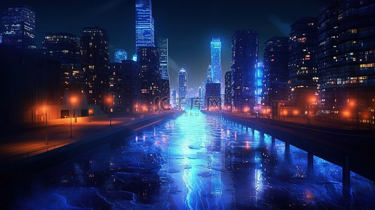 夜晚的办公楼背景图片_3D 渲染的夜晚城市，在概念插图中带有照明的水反射