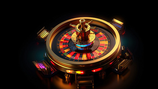 黑色背景的 3D 渲染，霓虹灯点亮的轮盘赌轮和闪闪发光的金币在运动