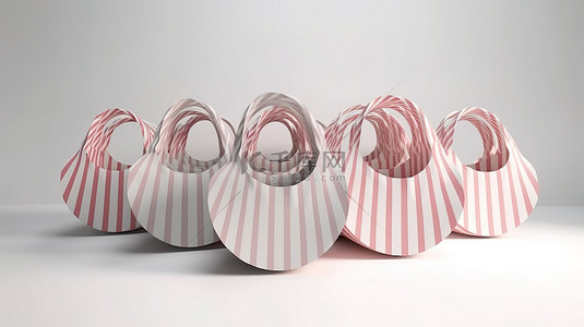 白色背景上 3D 渲染中淡粉色条纹购物袋的圆形形成