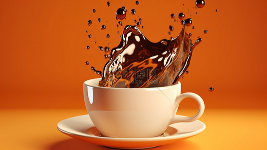 倒入水杯的水背景图片_深色浓缩咖啡被倒入白色杯子中，在 3D 渲染中呈现丰富的棕色背景