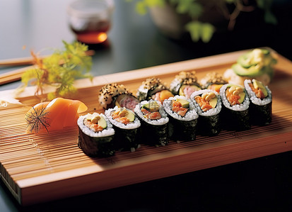 筷子夹虾背景图片_竹托盘上的一块寿司