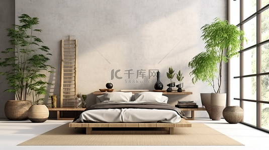 日式卧室内饰，采用简约装饰，配有禅宗床植物和装饰 3D 渲染