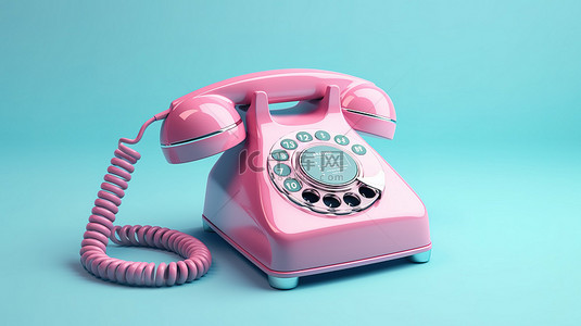 粉色背景展示蓝色复古旋转电话，具有双色调数字渲染的复古触感
