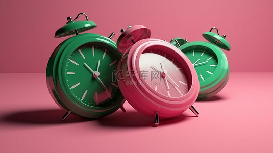 绿色界面背景图片_圆形绿色背景透视图 3D 渲染粉色时钟和闹钟图标