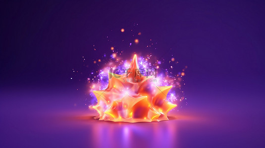 3D 火焰艺术品，在充满活力的紫色背景上闪烁着星星，呈现出完美的效果