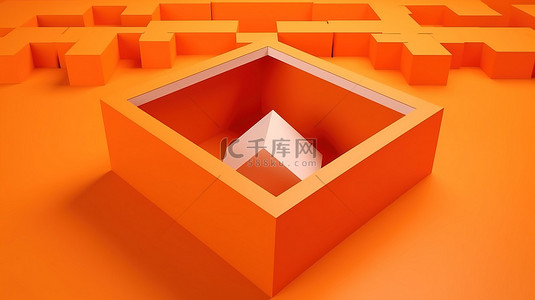 在橙色背景上通过方孔在 3D 渲染中显示的礼品盒