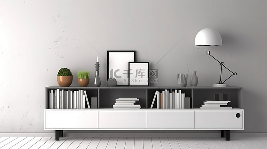 3D 透视室内场景和舒适工作角的模型，配有白色墙壁书鞍和灰色白色壁挂式餐边柜