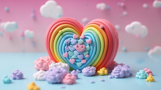 橡皮泥熊背景图片_柔和的波西米亚彩虹和橡皮泥心迷人的 3D 插图
