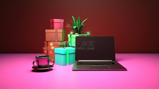 笔记本电脑灯仙人掌咖啡和礼品盒的 3D 渲染