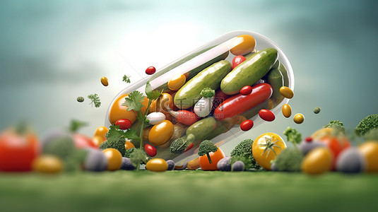 营养丰富的蔬菜在富有想象力的视觉 3D 渲染中从胶囊中爆出