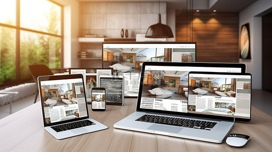 电子杂志背景图片_显示响应式电子杂志网站的家庭办公室设置 3D 渲染