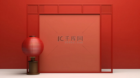 几何灯笼背景图片_中国灯笼在最小红色显示中的 3D 渲染