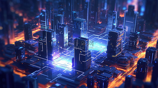 霓虹灯城市背景图片_具有高耸摩天大楼的未来网络城市的等距渲染