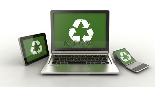 生态友好的三重奏笔记本电脑智能手机和平板电脑装饰着回收标志 3D 渲染插图