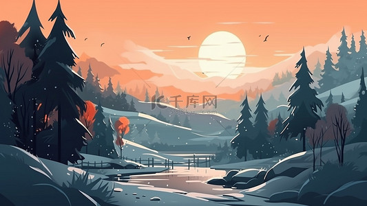 树林卡通背景图片_杉树河流下雪插画背景