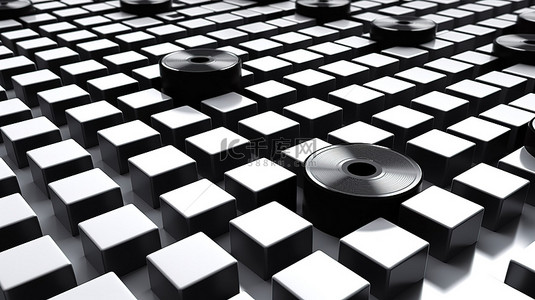 显示黑色黑胶唱片的白色立方体的等距 3D 渲染形状