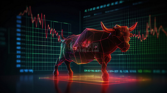 照明牛市全息图在 3D 渲染中繁荣的市场投资和交易概念中主导外汇图表