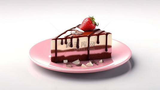草莓图标背景图片_美味的蛋糕片，配有草莓奶油和闪亮的巧克力涂层 3D 渲染图标