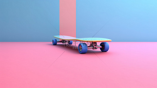 年轻滑板背景图片_充满活力的粉色和蓝色背景上的长板的 3D 渲染插图