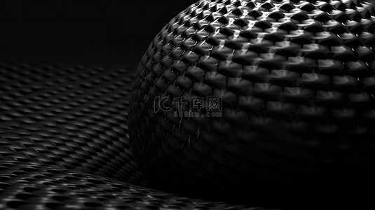 黑色背景上带纹理的黑色球体的 3D 渲染单色插图