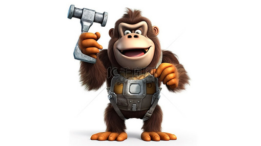 大猩猩背景图片_一个滑稽的 3D 大猩猩人物握着扳手