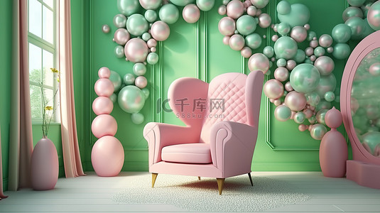 异想天开明亮的超现实内饰，配有粉色扶手椅拱门和俏皮的绿色肥皂泡装饰