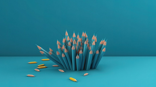 回到学校 蓝色背景上的极简主义 3d 渲染铅笔