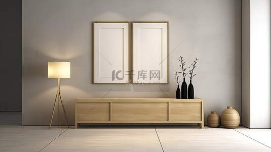 白色拱窗背景图片_干净简单的 3D 渲染极简主义房间，配有餐具柜相框和落地灯