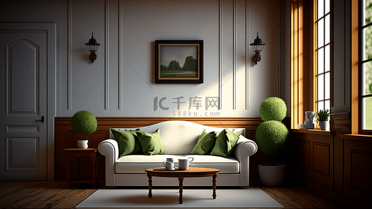 雅致花背景图片_客厅白色沙发绿植雅致配色