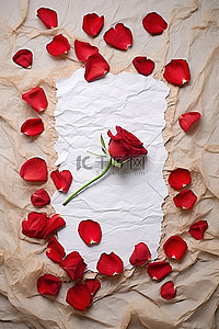 爱心和玫瑰花瓣在纸旁边