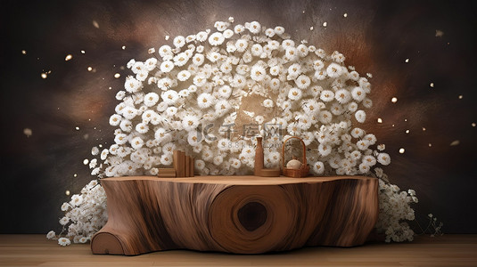 树抽象背景图片_经典 3D 树壁画壁纸，具有浅白色花朵和棕色树桩，适合家居装饰