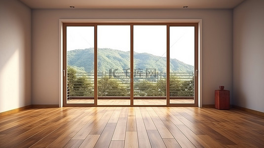 宽敞房间的 3D 渲染，铺有木镶木地板，可通往阳台