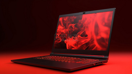 充满活力的红色背景下游戏笔记本电脑的 3D 渲染