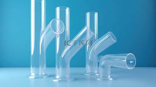 蓝色背景下的 3D 插图中一排独特弯曲的白色玻璃管