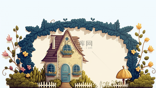 房子卡通蓝色叶子边框背景