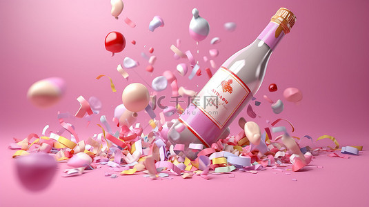 丝带香槟色背景图片_3D 渲染粉红色背景的插图与派对彩带和白色香槟瓶