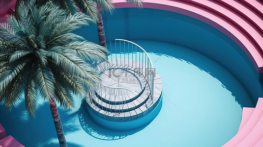 蓝底泳池的 3D 渲染，带有从上方观看的圆形楼梯，配有粉红色浮子和棕榈树荫