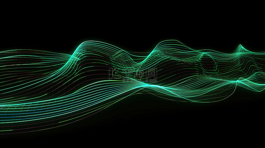 具有几何波浪和蓝色交叉影线的充满活力的绿色立体条的 3D 设计