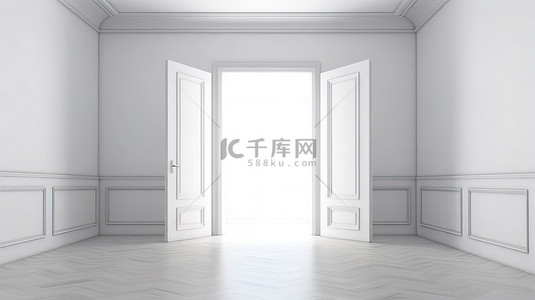 门开着的白色房间的 3D 渲染