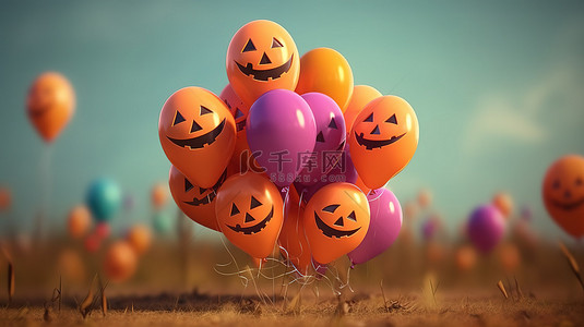 不快乐的背景图片_节日十月庆典充满活力的气球和微笑的杰克灯笼祝您 3d 万圣节快乐